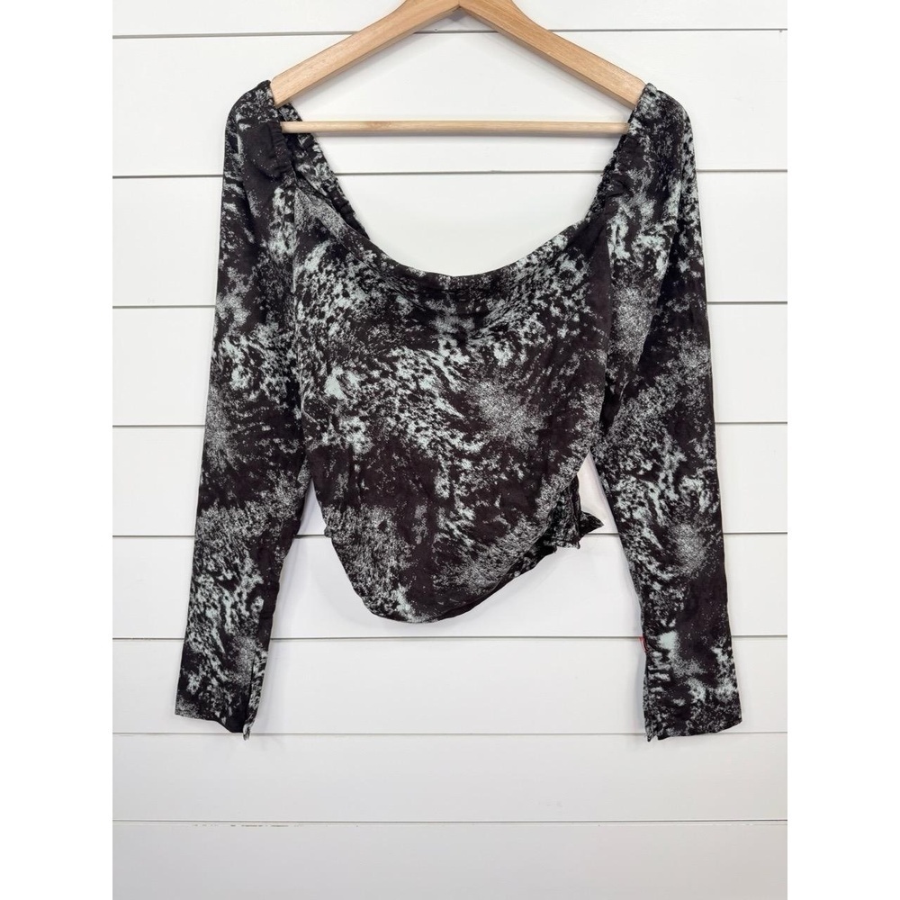 Open Edit Long Sleeve Cropped Top Brown Abstract Off Shoulder Ruched Boho Sz XS
